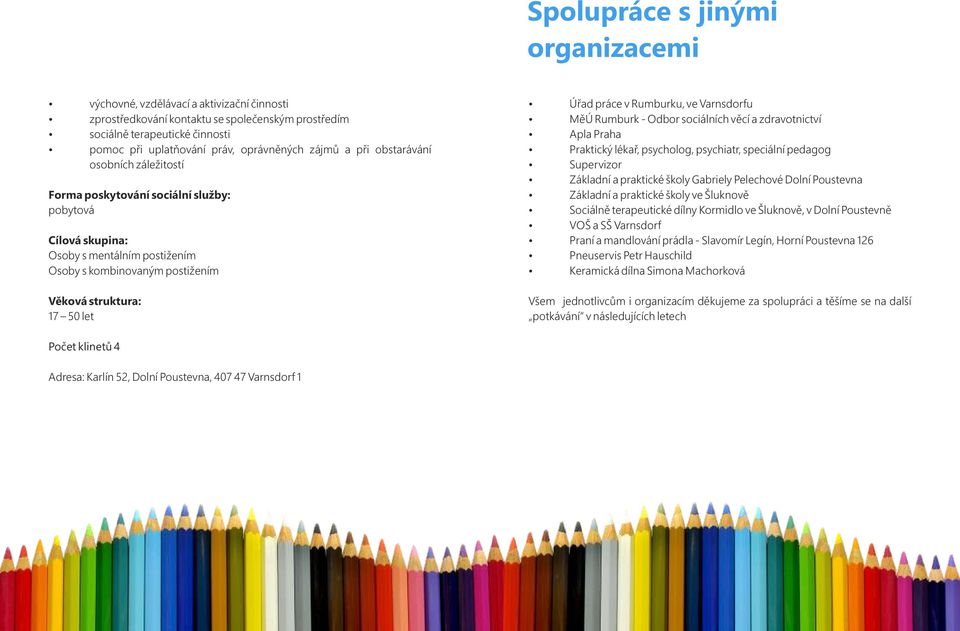 50 let ź Úřad práce v Rumburku, ve Varnsdorfu ź MěÚ Rumburk - Odbor sociálních věcí a zdravotnictví ź Apla Praha ź Praktický lékař, psycholog, psychiatr, speciální pedagog ź Supervizor ź Základní a