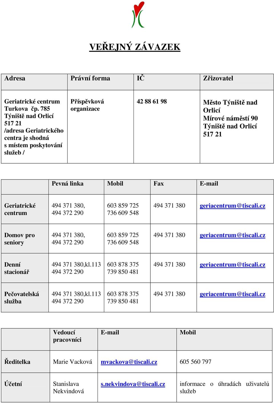 Týniště nad Orlicí 517 21 Pevná linka Mobil Fax E-mail Geriatrické centrum 494 371 380, 603 859 725 736 609 548 Domov pro seniory 494 371 380, 603 859 725 736 609 548 Denní