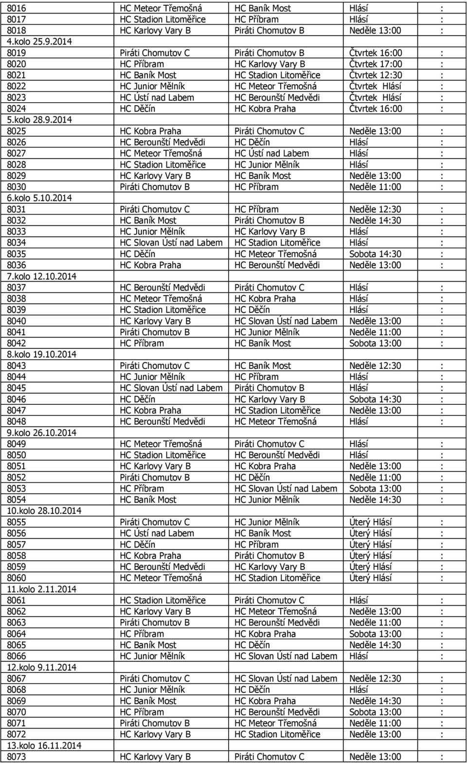Meteor Třemošná Čtvrtek Hlásí : 8023 HC Ústí nad Labem HC Berounští Medvědi Čtvrtek Hlásí : 8024 HC Děčín HC Kobra Praha Čtvrtek 16:00 : 5.kolo 28.9.