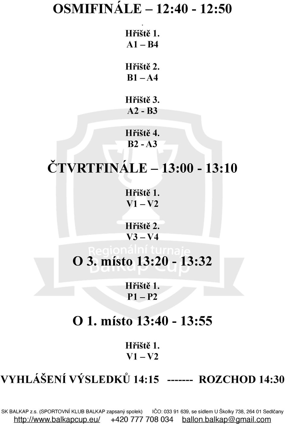 V1 V2 Hřiště 2. V3 V4 O 3. místo 13:20-13:32 Hřiště 1. P1 P2 O 1.