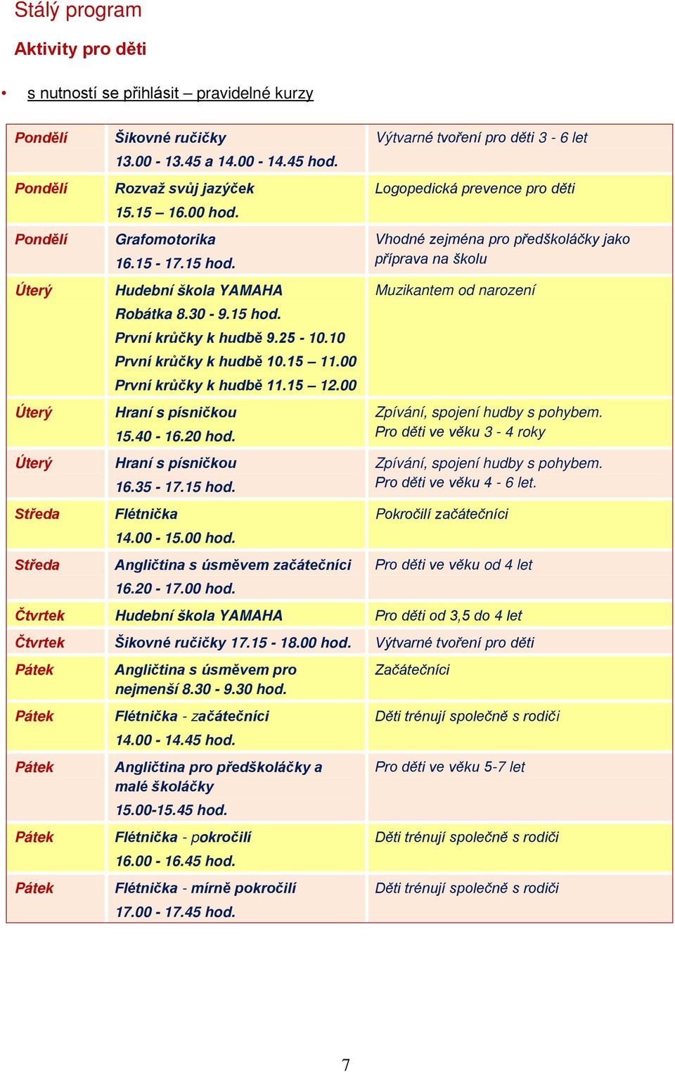 00 Hraní s písničkou 15.40-16.20 hod. Hraní s písničkou 16.35-17.15 hod. Flétnička 14.00-15.00 hod.