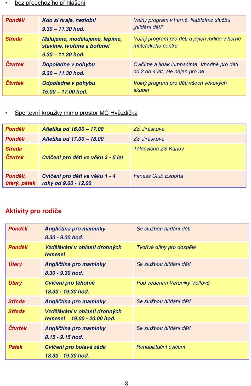 Vhodné pro děti od 2 do 4 let, ale nejen pro ně. Volný program pro děti všech věkových skupin Sportovní kroužky mimo prostor Pondělí Atletika od 16.00 17.00 ZŠ Jiráskova Pondělí Atletika od 17.00 18.