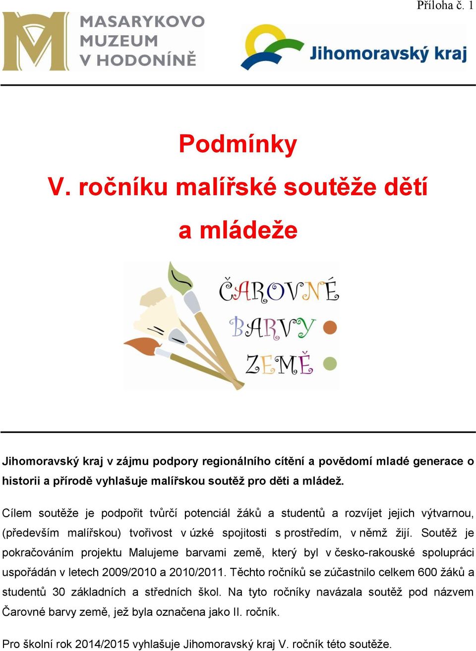 Cílem soutěže je podpořit tvůrčí potenciál žáků a studentů a rozvíjet jejich výtvarnou, (především malířskou) tvořivost v úzké spojitosti s prostředím, v němž žijí.