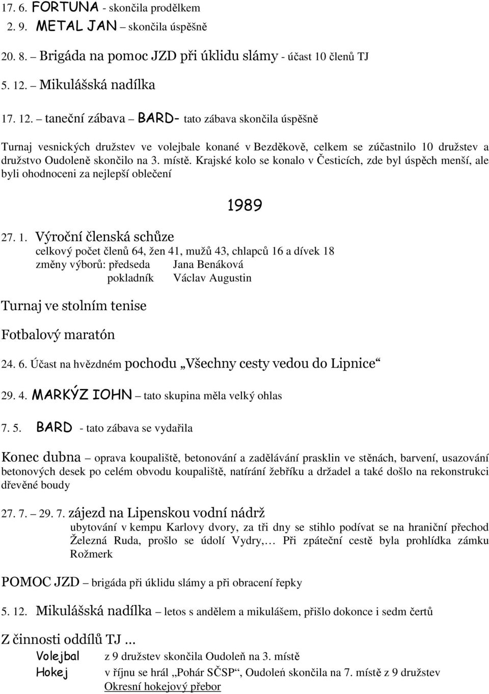 taneční zábava BARD- tato zábava skončila úspěšně Turnaj vesnických družstev ve volejbale konané v Bezděkově, celkem se zúčastnilo 10 družstev a družstvo Oudoleně skončilo na 3. místě.