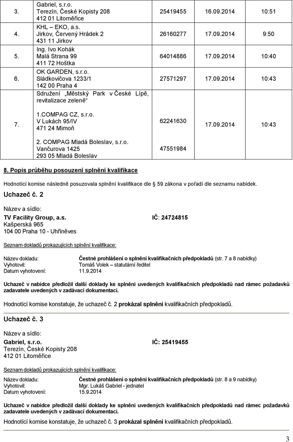 Popis průběhu posouzení splnění kvalifikace Hodnotící komise následně posuzovala splnění kvalifikace dle 59 zákona v pořadí dle seznamu nabídek. Uchazeč č. 2 TV Facility Group, a.s. IČ: 24724815 Kašperská 965 104 00 Praha 10 - Uhříněves Čestné prohlášení o splnění kvalifikačních předpokladů (str.