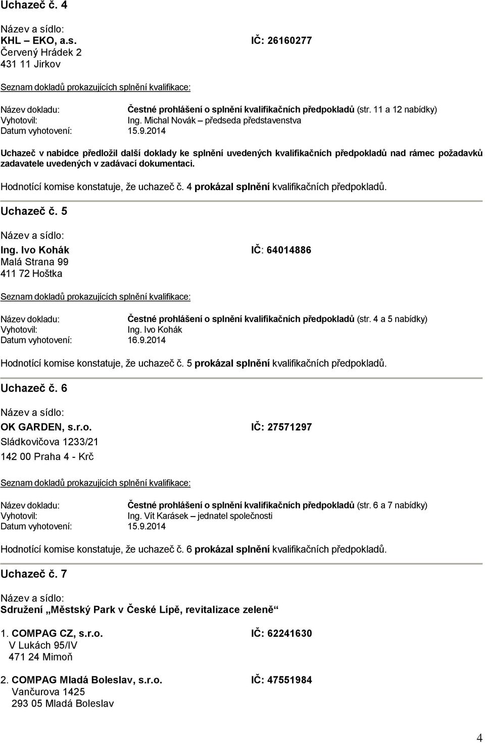 Ivo Kohák IČ: 64014886 Malá Strana 99 411 72 Hoštka Čestné prohlášení o splnění kvalifikačních předpokladů (str. 4 a 5 ) Ing. Ivo Kohák Datum vyhotovení: 16.9.2014 Hodnotící komise konstatuje, že uchazeč č.