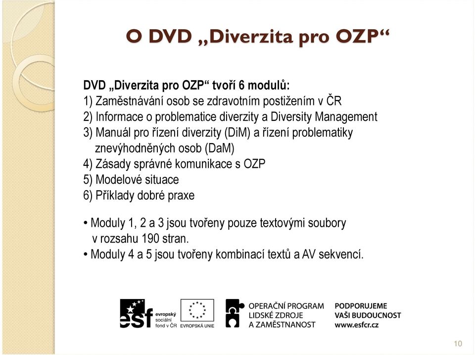 znevýhodněných osob (DaM) 4) Zásady správné komunikace s OZP 5) Modelové situace 6) Příklady dobré praxe Moduly 1, 2