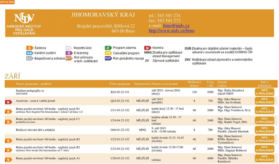 cz/brno ZÁŘÍ Studium pedagogiky a) 2015/2016 K02-05-22-151 Asertivita - cesta k vnitřní jistotě Q24-02-22-152 MŠ,ZŠ,SŠ Brána jazyků otevřená / 60 hodin - anglický jazyk B1 učebnice New English File