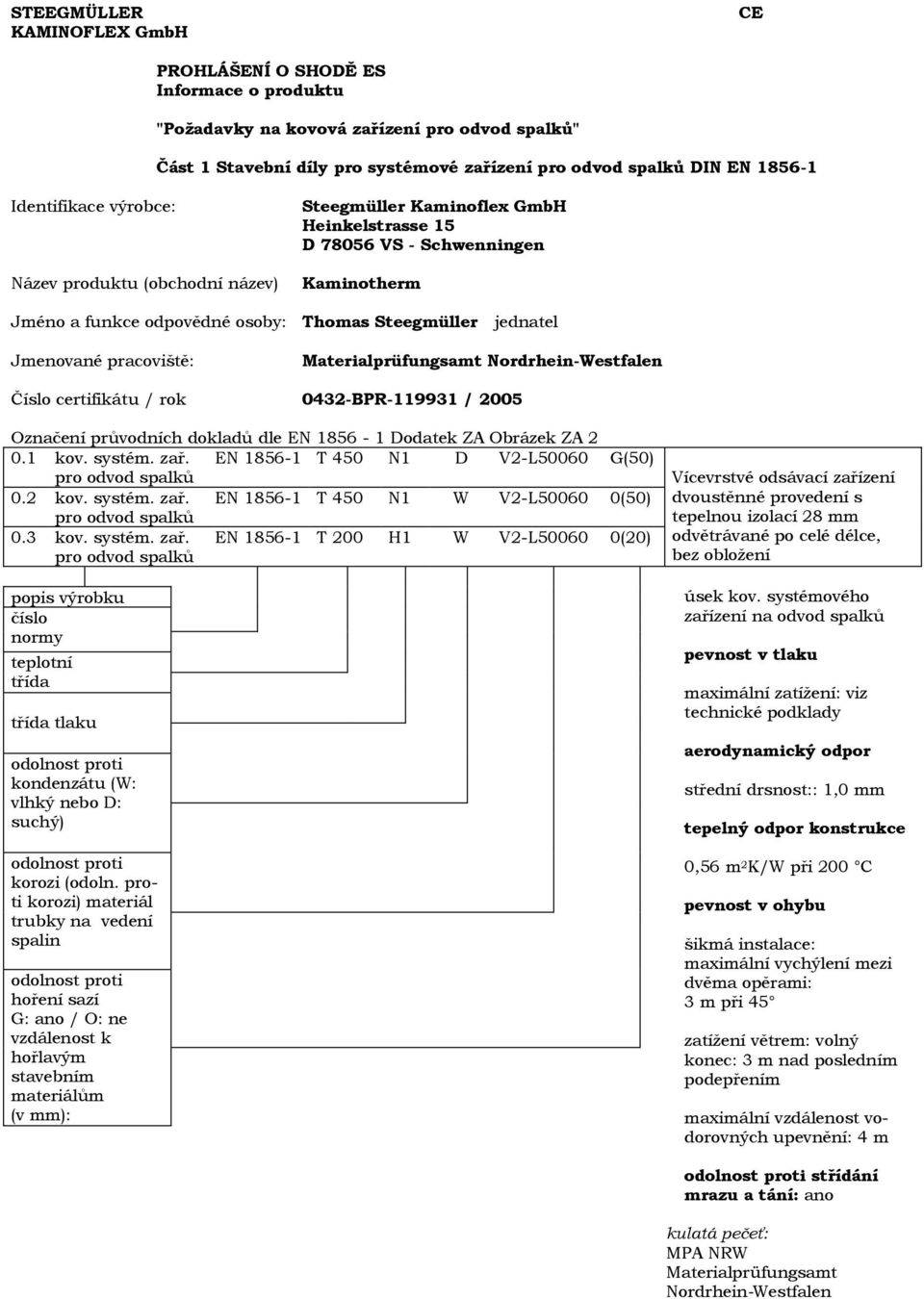 Označení průvodních dokladů dle EN 1856-1 Dodatek ZA Obrázek ZA 2 0.1 kov. systém. zař. pro odvod spalků EN 1856-1 T 450 N1 D V2-L50060 G(50) 0.2 kov. systém. zař. EN 1856-1 T 450 N1 W V2-L50060 0(50) pro odvod spalků 0.