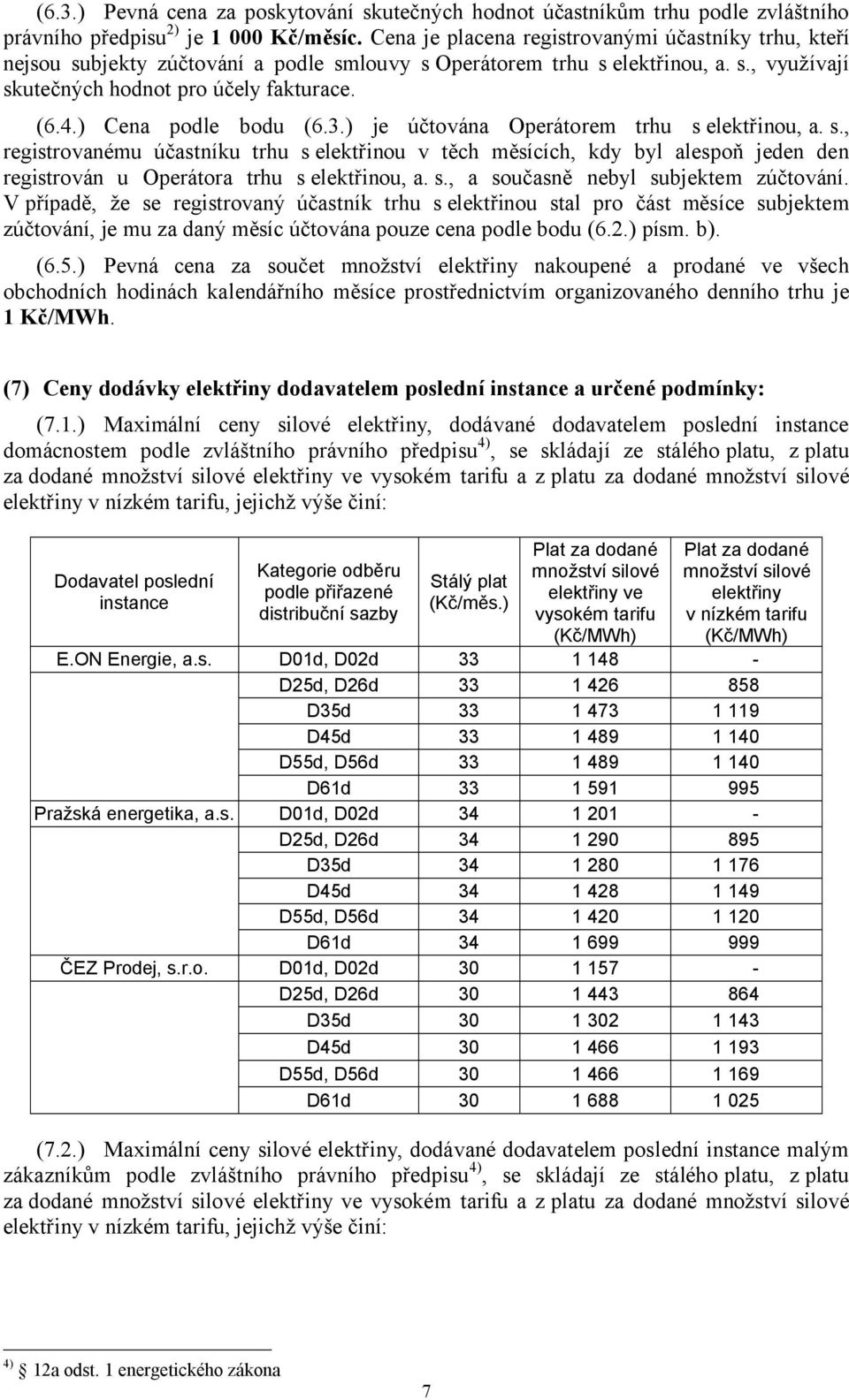 ) Cena podle bodu (6.3.) je účtována Operátorem trhu s elektřinou, a. s., registrovanému účastníku trhu s elektřinou v těch měsících, kdy byl alespoň jeden den registrován u Operátora trhu s elektřinou, a.