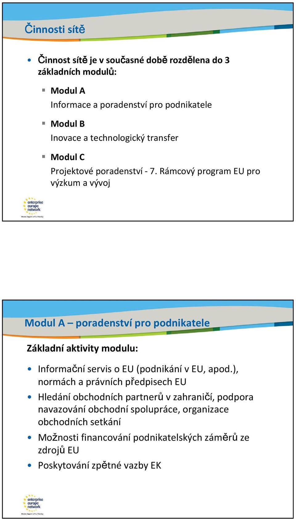 Rámcový program EU pro výzkum a vývoj Title of the presentation Date 8 Modul A poradenstvípro podnikatele Základní aktivity modulu: Informačníservis o EU