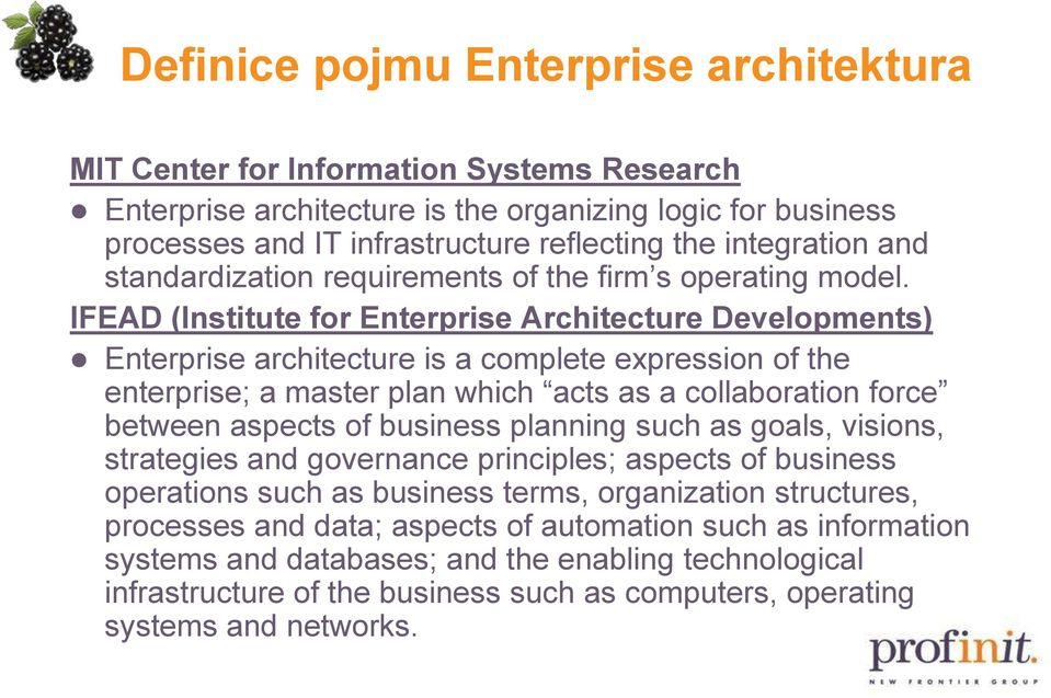 IFEAD (Institute for Enterprise Architecture Developments) Enterprise architecture is a complete expression of the enterprise; a master plan which acts as a collaboration force between aspects of