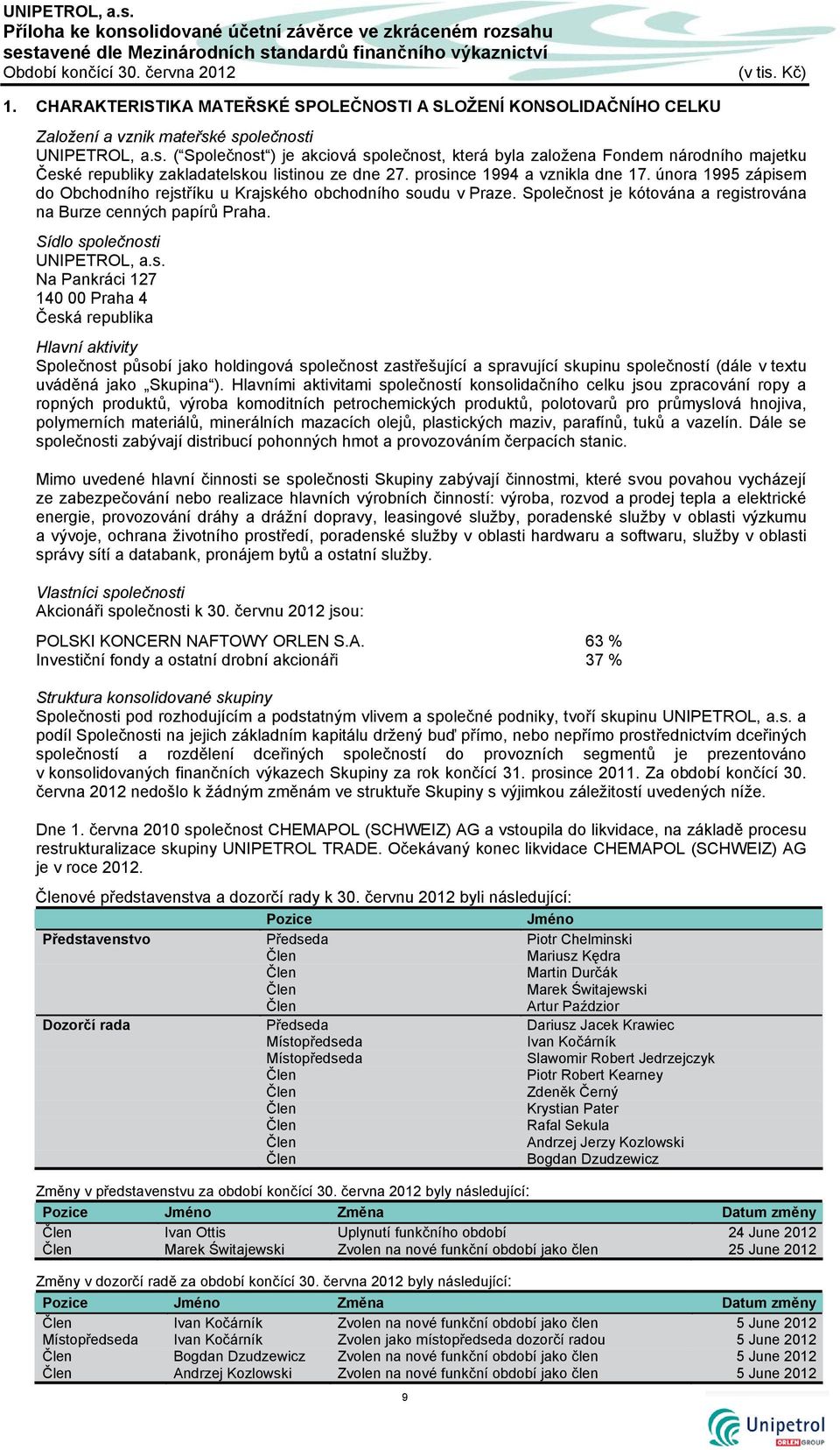 é společnosti UNIPETROL, a.s. ( Společnost ) je akciová společnost, která byla založena Fondem národního majetku České republiky zakladatelskou listinou ze dne 27. prosince 1994 a vznikla dne 17.