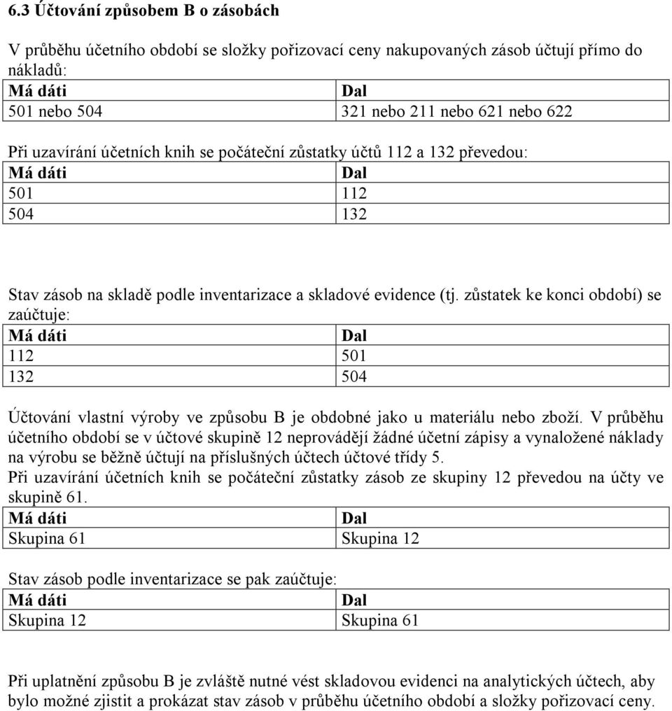 zůstatek ke konci období) se zaúčtuje: 112 501 132 504 Účtování vlastní výroby ve způsobu B je obdobné jako u materiálu nebo zboží.