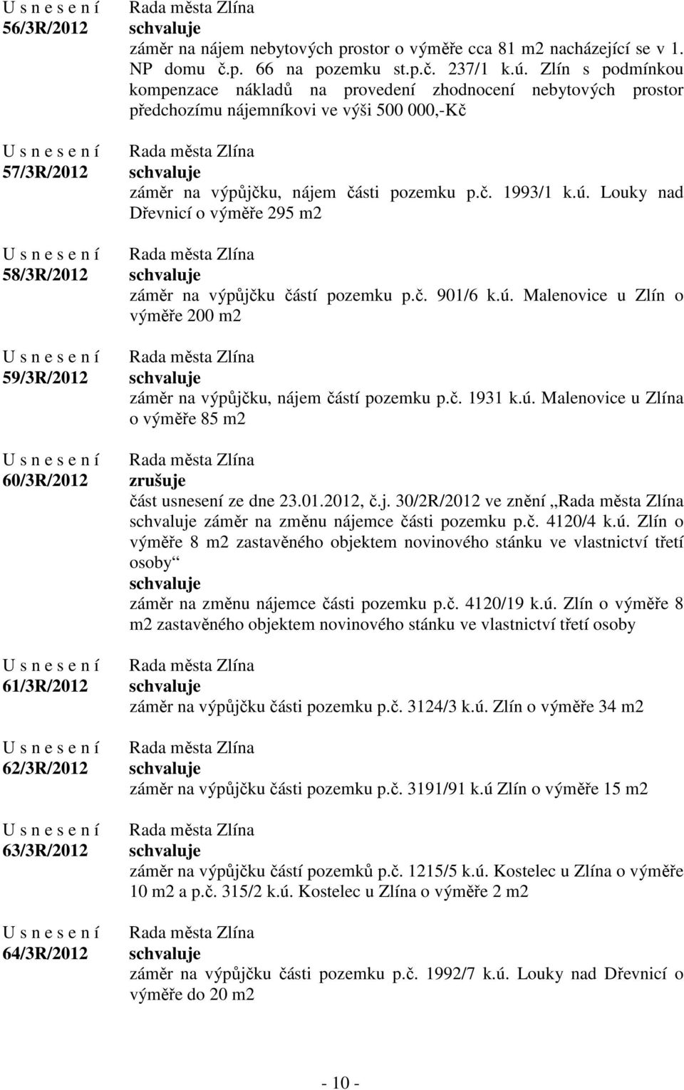 č. 901/6 k.ú. Malenovice u Zlín o výměře 200 m2 záměr na výpůjčku, nájem částí pozemku p.č. 1931 k.ú. Malenovice u Zlína o výměře 85 m2 zrušuje část usnesení ze dne 23.01.2012, č.j. 30/2R/2012 ve znění záměr na změnu nájemce části pozemku p.