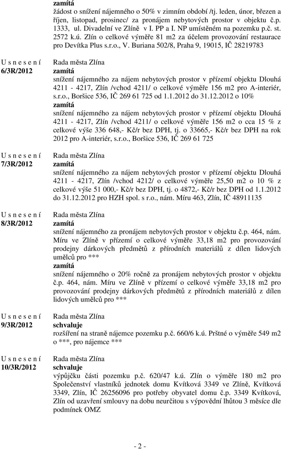 Buriana 502/8, Praha 9, 19015, IČ 28219783 6/3R/2012 7/3R/2012 8/3R/2012 9/3R/2012 10/3R/2012 snížení nájemného za nájem nebytových prostor v přízemí objektu Dlouhá 4211-4217, Zlín /vchod 4211/ o