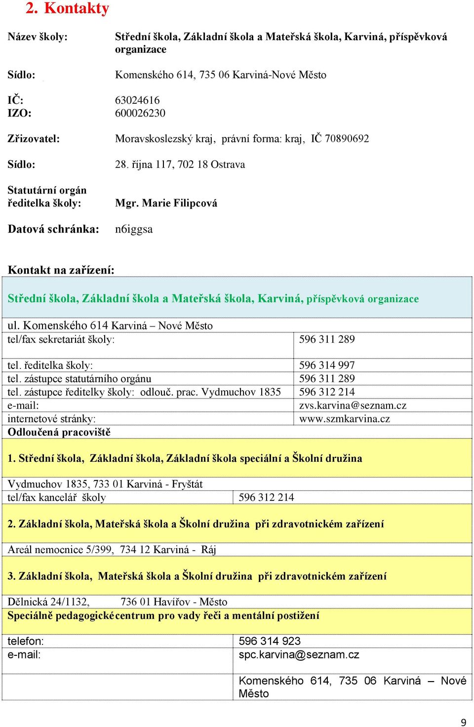 Marie Filipcová n6iggsa Kontakt na zařízení: Střední škola, Základní škola a Mateřská škola, Karviná, příspěvková organizace ul.