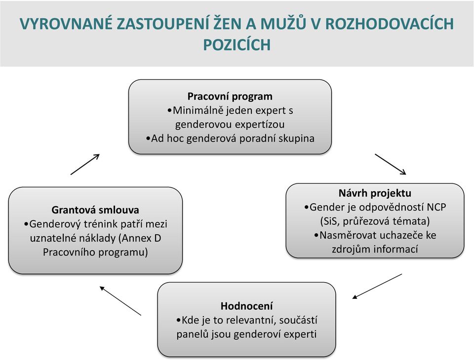 uznatelné náklady (Annex D Pracovního programu) Návrh projektu Gender je odpovědností NCP (SiS, průřezová