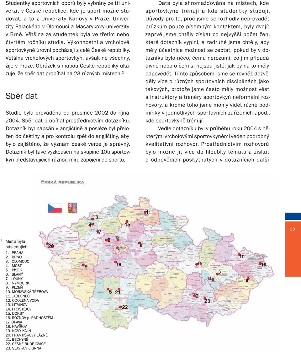 Vìtšina vrcholových sportovkyò, avšak ne všechny, žije v Praze. Obrázek s mapou Èeské republiky ukazuje, že sbìr dat probíhal na 23 rùzných místech.