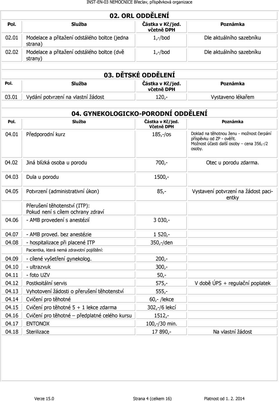 01 Vydání potvrzení na vlastní žádost 120,- Vystaveno lékařem 04. GYNEKOLOGICKO-PORODNÍ ODDĚLENÍ Včetně DPH 04.