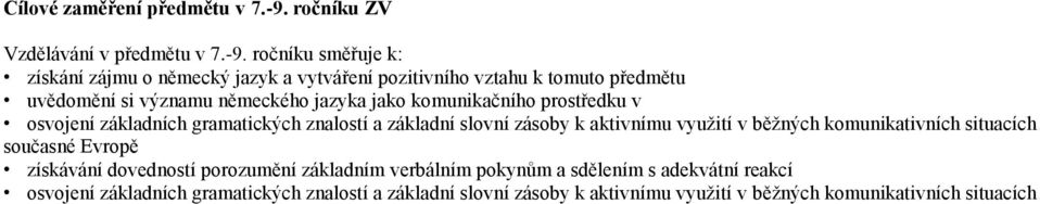 ročníku směřuje k: získání zájmu o německý jazyk a vytváření pozitivního vztahu k tomuto předmětu uvědomění si významu německého jazyka jako