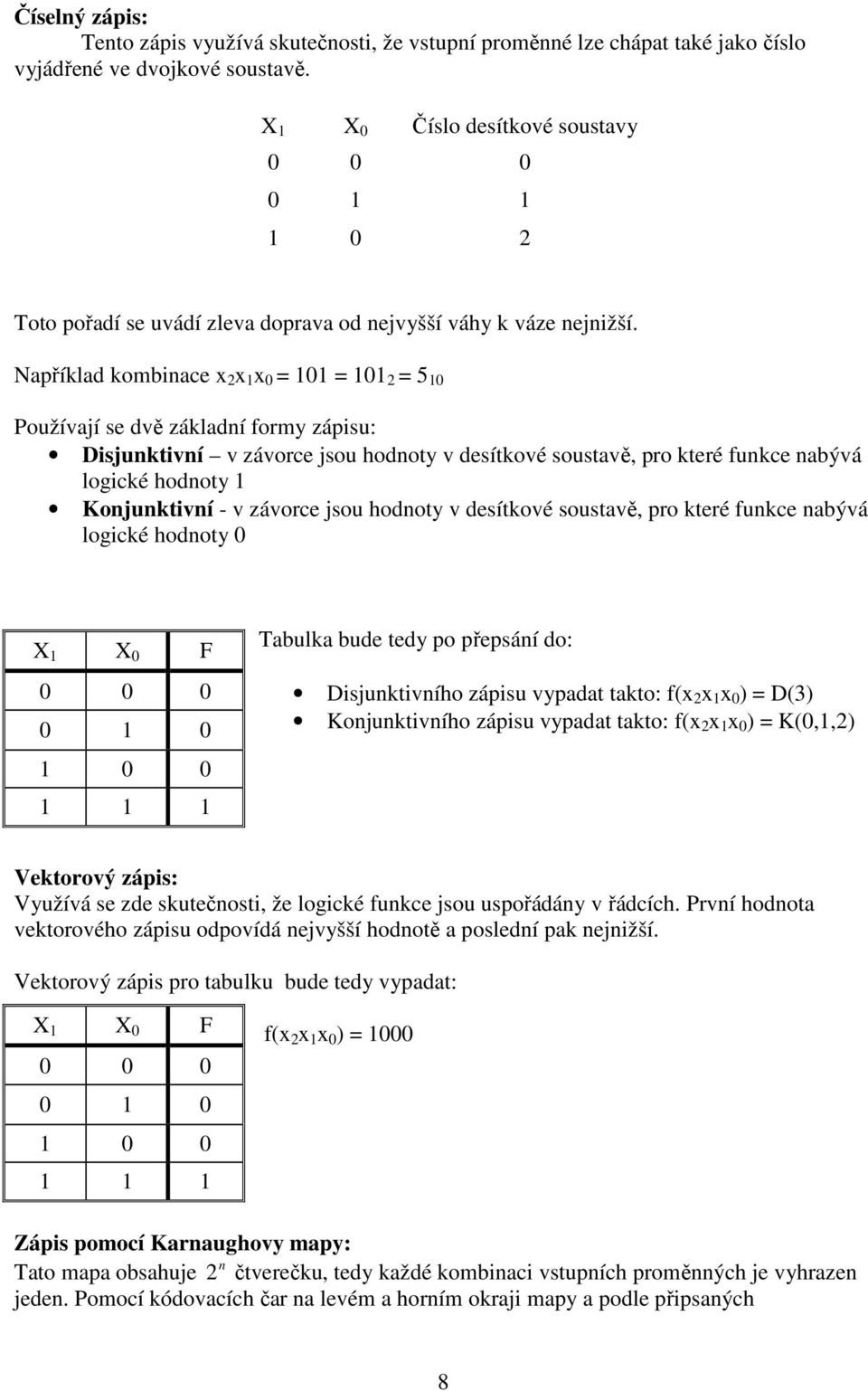 Například kombnace x 2 x 1 x 0 = 101 = 101 2 = 5 10 Používají se dvě základní formy zápsu: Dsjunktvní v závorce jsou hodnoty v desítkové soustavě, pro které funkce nabývá logcké hodnoty 1 Konjunktvní