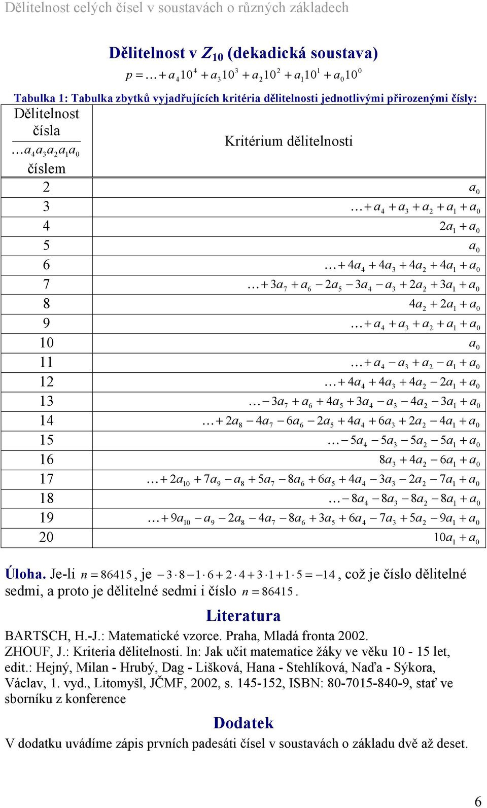 6a5 + a a a 7a 8 K 8a 8a 8a 8a 9 K + 9a a9 a8 a7 8a6 + a5 + 6a 7a + 5a 9a a Úloha. Je-l = 865, je 8 6 + + + 5 =, což je číslo děltelé sedm, a proto je děltelé sedm číslo = 865. Lteratura BARTSCH, H.