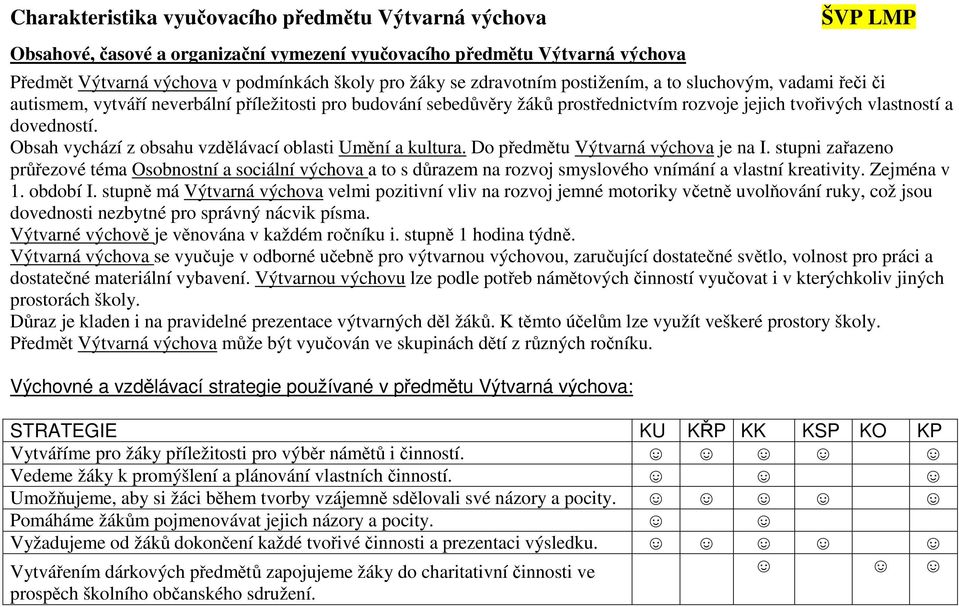 Obsah vychází z obsahu vzdělávací oblasti Umění a kultura. Do předmětu Výtvarná výchova je na I.