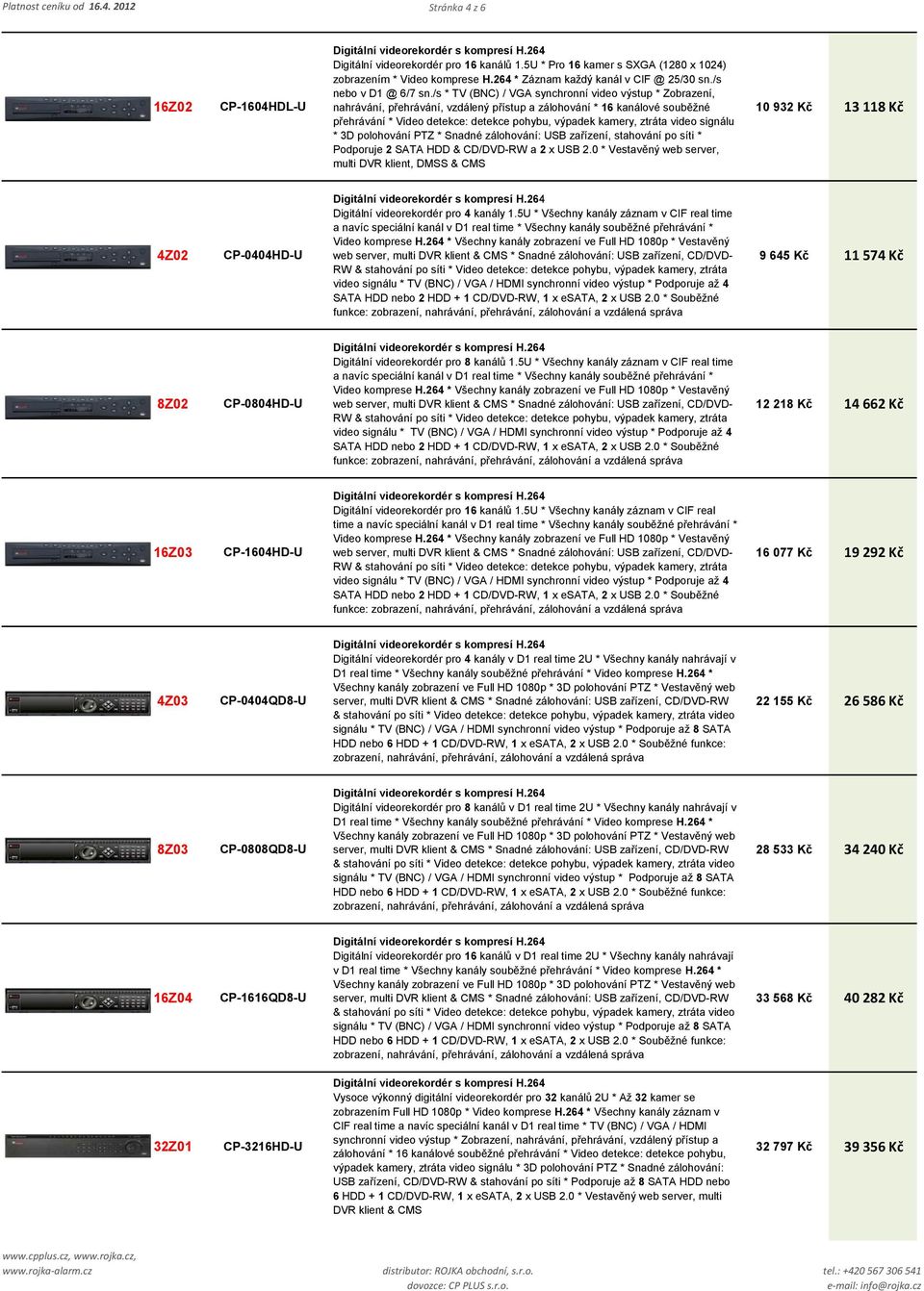 /s * TV (BNC) / VGA synchronní video výstup * Zobrazení, nahrávání, přehrávání, vzdálený přístup a zálohování * 16 kanálové souběžné přehrávání * Video detekce: detekce pohybu, výpadek kamery, ztráta