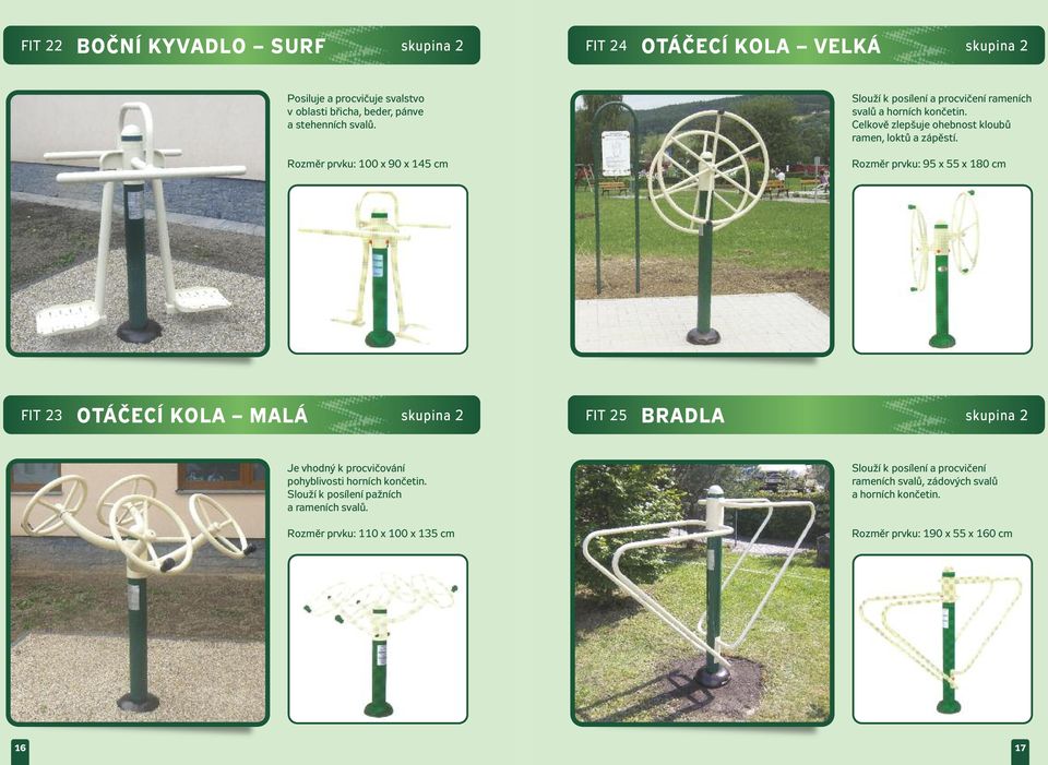 Rozměr prvku: 95 x 55 x 180 cm FIT 23 OtÁčECÍ KOLA MALÁ skupina 2 FIT 25 bradla skupina 2 Je vhodný k procvičování pohyblivosti horních končetin.