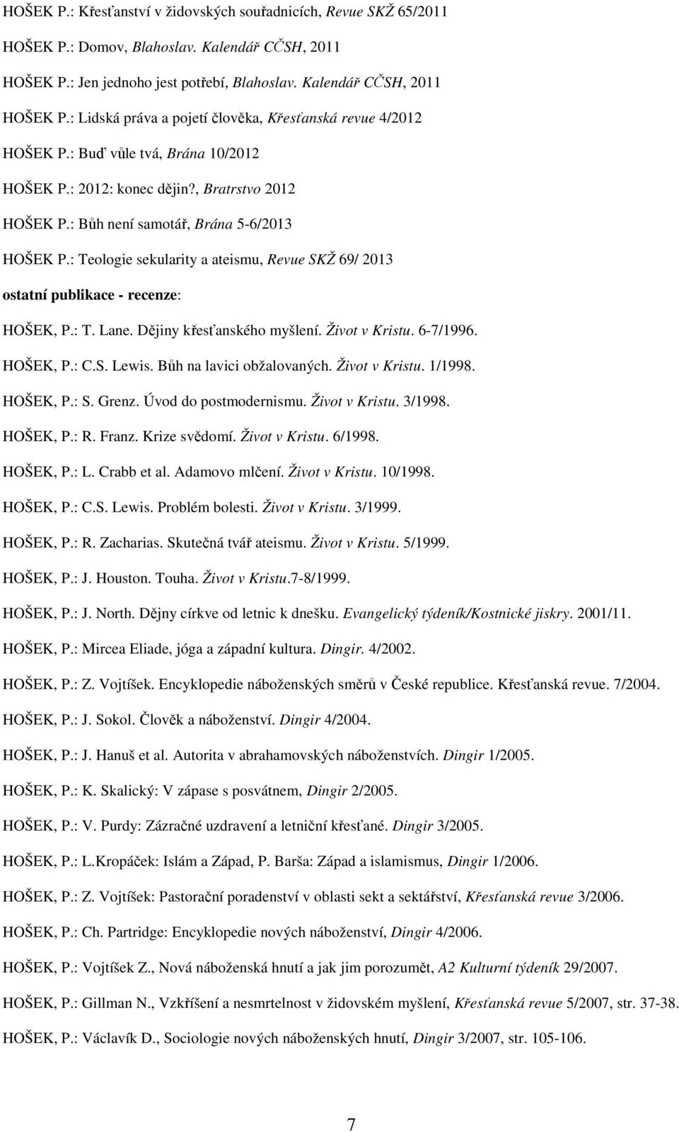 : Teologie sekularity a ateismu, Revue SKŽ 69/ 2013 ostatní publikace - recenze: HOŠEK, P.: T. Lane. Dějiny křesťanského myšlení. Život v Kristu. 6-7/1996. HOŠEK, P.: C.S. Lewis.