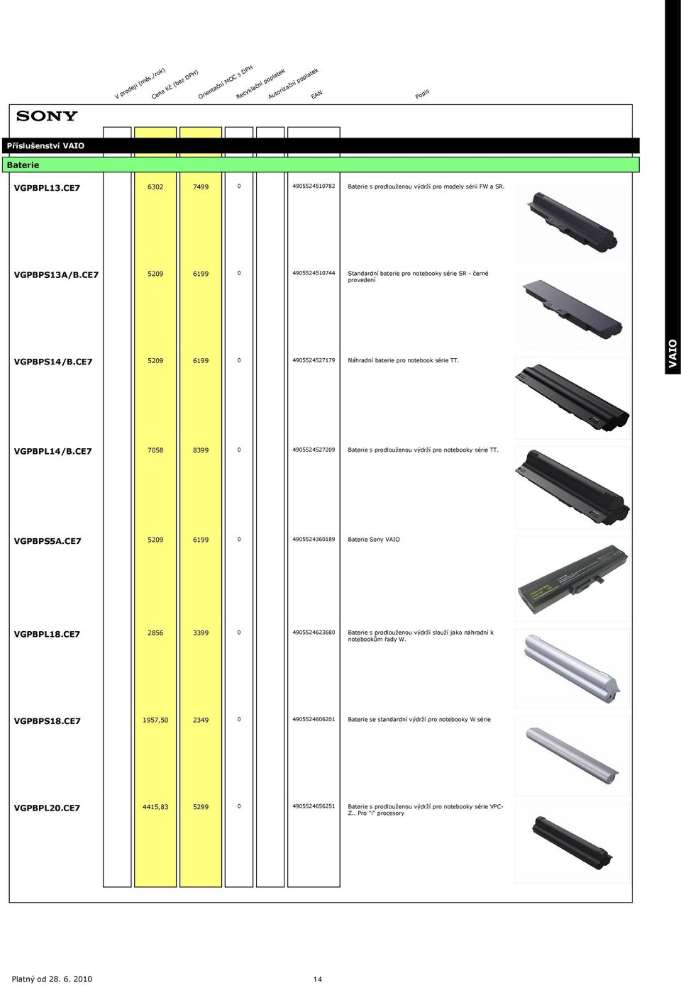 CE7 7058 8399 0 4905524527209 Baterie s prodlouženou výdrží pro notebooky série TT. VGPBPS5A.CE7 5209 6199 0 4905524360189 Baterie Sony VGPBPL18.