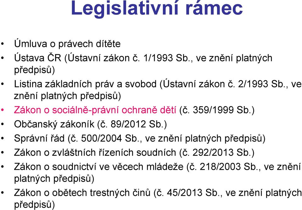 , ve znění platných předpisů) Zákon o sociálně-právní ochraně dětí (č. 359/1999 Sb.) Občanský zákoník (č. 89/2012 Sb.) Správní řád (č.