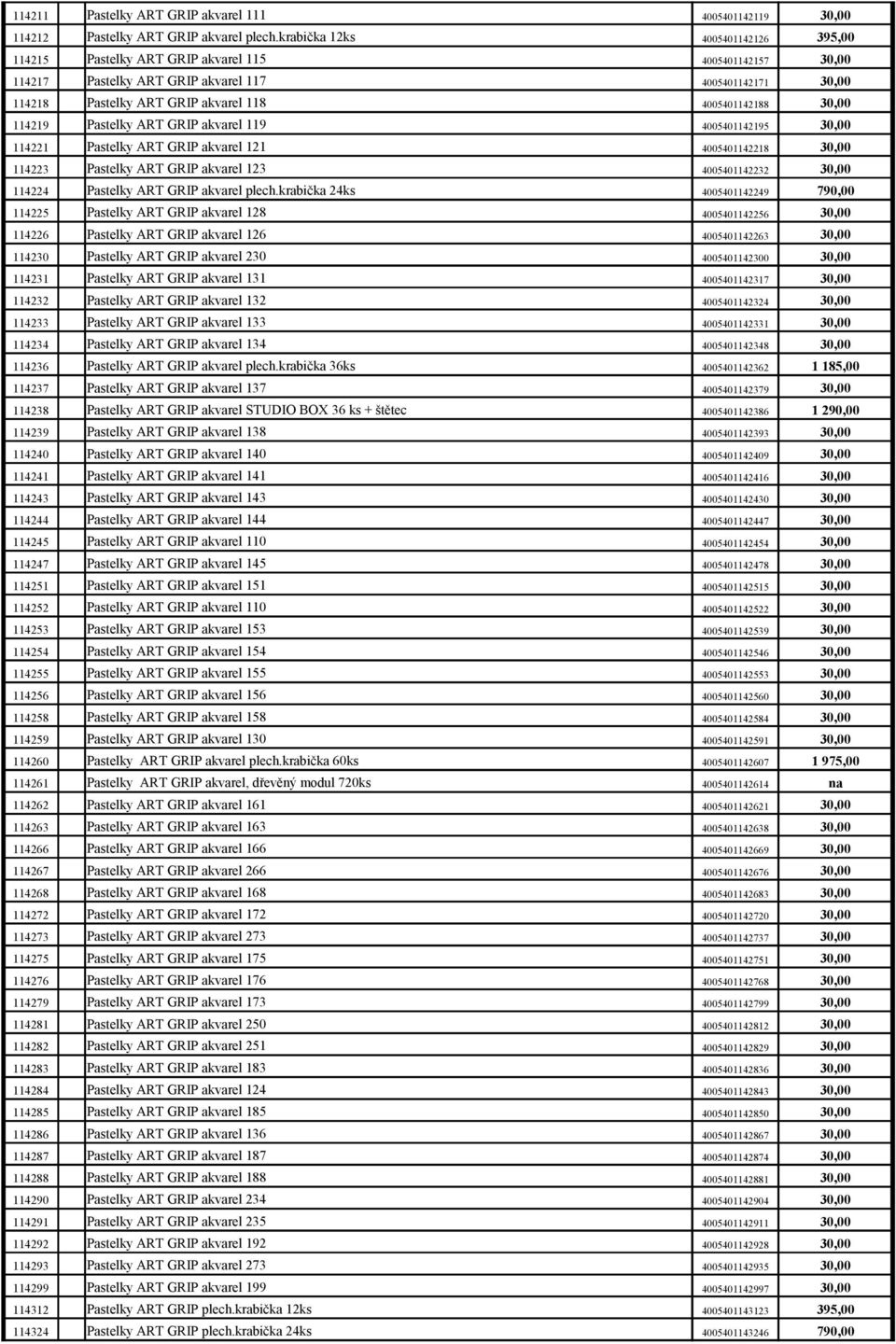 30,00 114219 Pastelky ART GRIP akvarel 119 4005401142195 30,00 114221 Pastelky ART GRIP akvarel 121 4005401142218 30,00 114223 Pastelky ART GRIP akvarel 123 4005401142232 30,00 114224 Pastelky ART