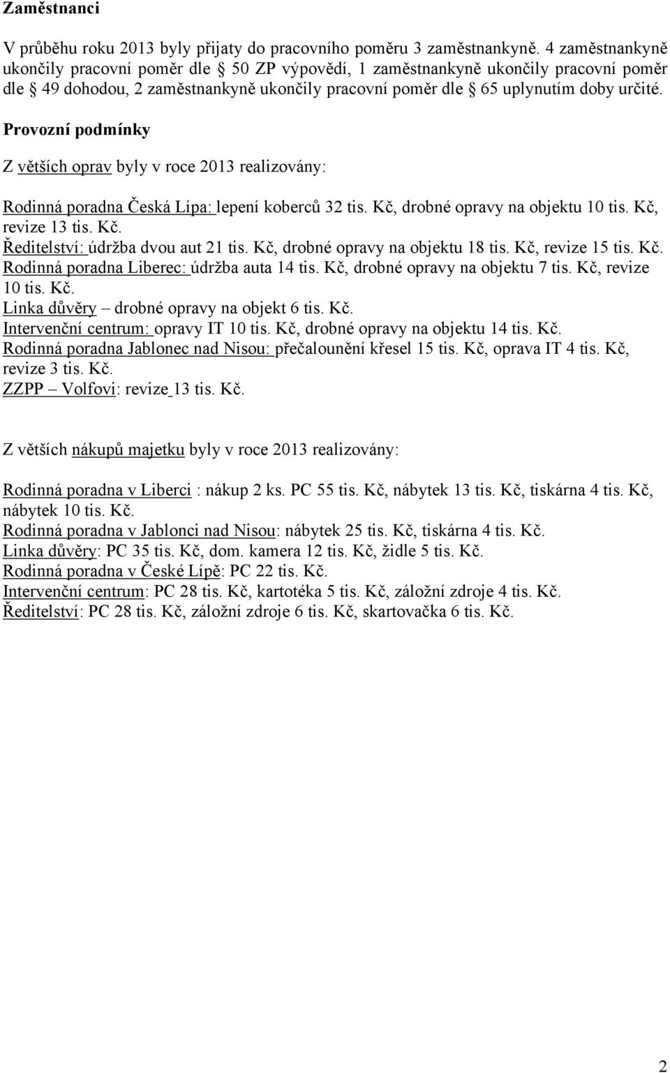 Provozní podmínky Z větších oprav byly v roce 2013 realizovány: Rodinná poradna Česká Lípa: lepení koberců 32 tis. Kč, drobné opravy na objektu 10 tis. Kč, revize 13 tis. Kč. Ředitelství: údržba dvou aut 21 tis.