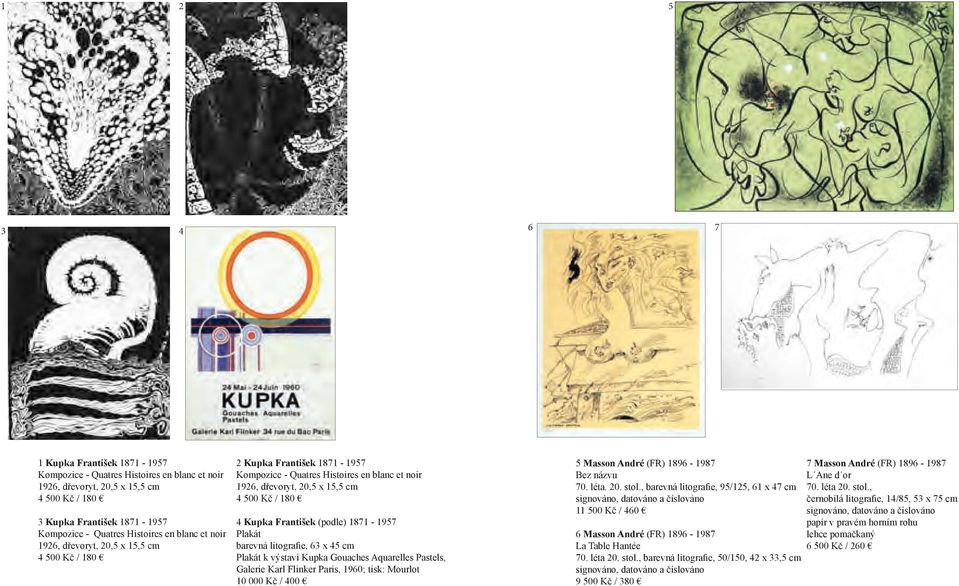 (podle) 1871-1957 Plakát barevná litografie, 63 x 45 cm Plakát k výstavì Kupka Gouaches Aquarelles Pastels, Galerie Karl Flinker Paris, 1960; tisk: Mourlot 10 000 Kč / 400 5 Masson André (FR)