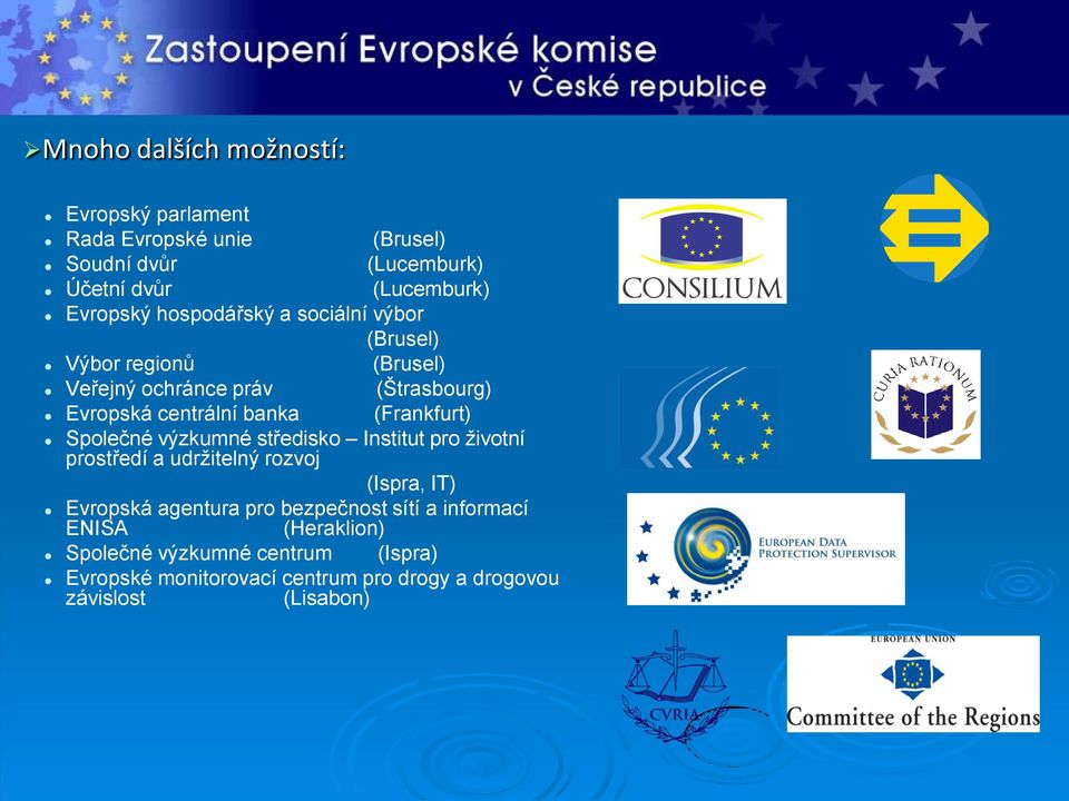 (Frankfurt) Společné výzkumné středisko Institut pro životní prostředí a udržitelný rozvoj (Ispra, IT) Evropská agentura pro