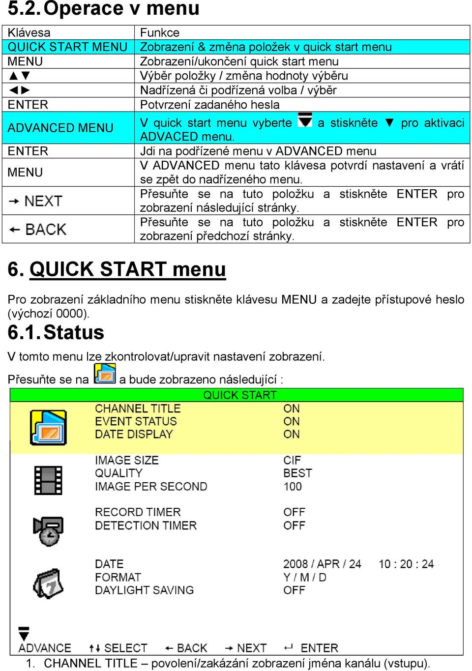 Jdi na podřízené menu v ADVANCED menu V ADVANCED menu tato klávesa potvrdí nastavení a vrátí se zpět do nadřízeného menu.