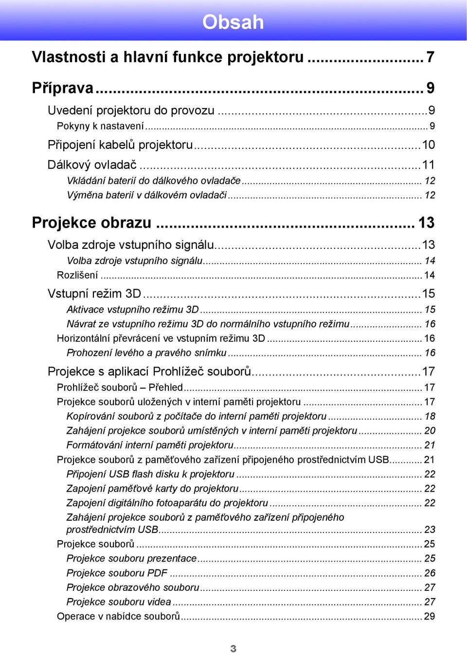 .. 14 Vstupní režim 3D...15 Aktivace vstupního režimu 3D... 15 Návrat ze vstupního režimu 3D do normálního vstupního režimu... 16 Horizontální převrácení ve vstupním režimu 3D.