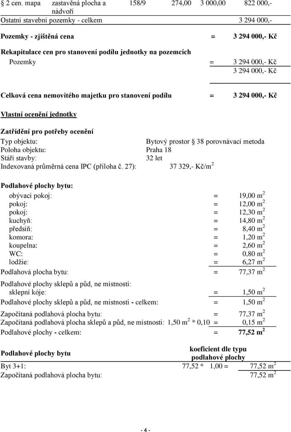 pozemcích Pozemky = 3 294 000,- Kč 3 294 000,- Kč Celková cena nemovitého majetku pro stanovení podílu = 3 294 000,- Kč Vlastní ocenění jednotky Zatřídění pro potřeby ocenění Typ objektu: Bytový