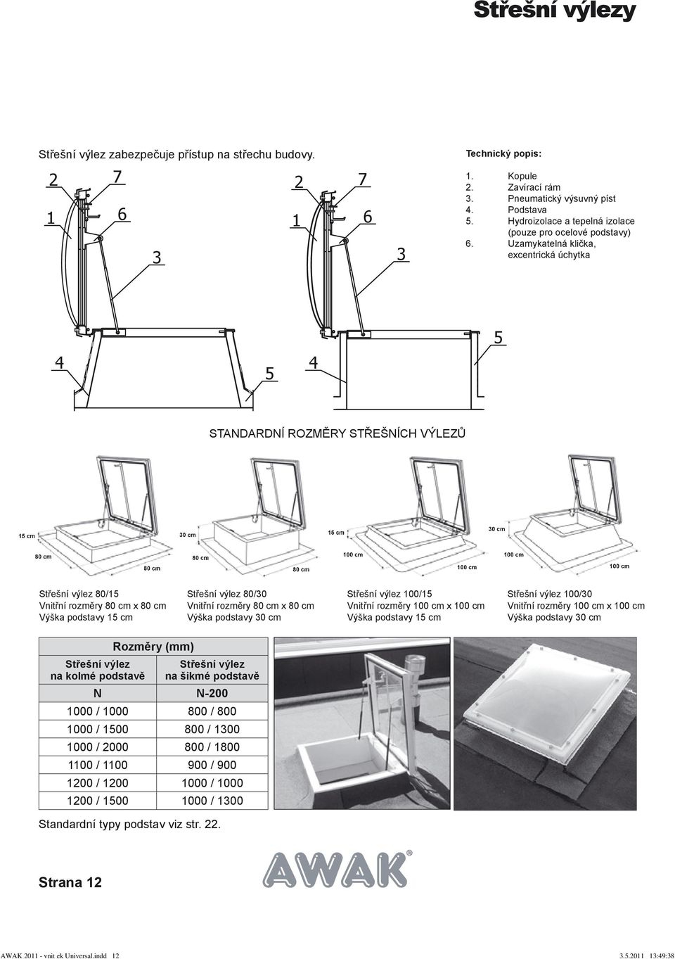 Uzamykatelná klička, excentrická úchytka 3 4 5 5 4 4 5 5 STANDARDNÍ ROZMĚRY STŘEŠNÍCH VÝLEZŮ 15 cm 30 cm 15 cm 30 cm 80 cm 80 cm 80 cm 80 cm 100 cm 100 cm 100 cm 100 cm Střešní výlez 80/15 Vnitřní