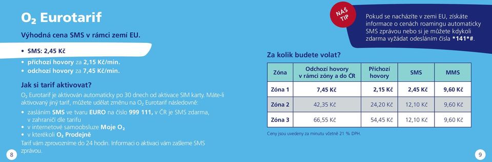 SMS: 2,45 Kč příchozí hovory za 2,15 Kč/min. odchozí hovory za 7,45 Kč/min. Za kolik budete volat? Jak si tarif aktivovat? O 2 Eurotarif je aktivován automaticky po 30 dnech od aktivace SIM karty.