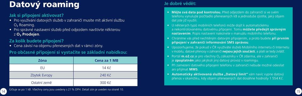 Pro občasné připojení si vystačíte se základní nabídkou: Zóna EU Zbytek Evropy Ostatní země Cena za 1 MB 14 Kč 240 Kč 300 Kč Je dobré vědět: Mějte svá data pod kontrolou.