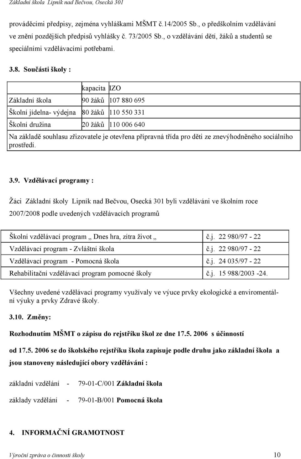 Sučásti škly : kapacita IZO Základní škla 90 žáků 107 880 695 Šklní jídelna- výdejna 80 žáků 110 550 331 Šklní družina 20 žáků 110 006 640 Na základě suhlasu zřizvatele je tevřena přípravná třída pr