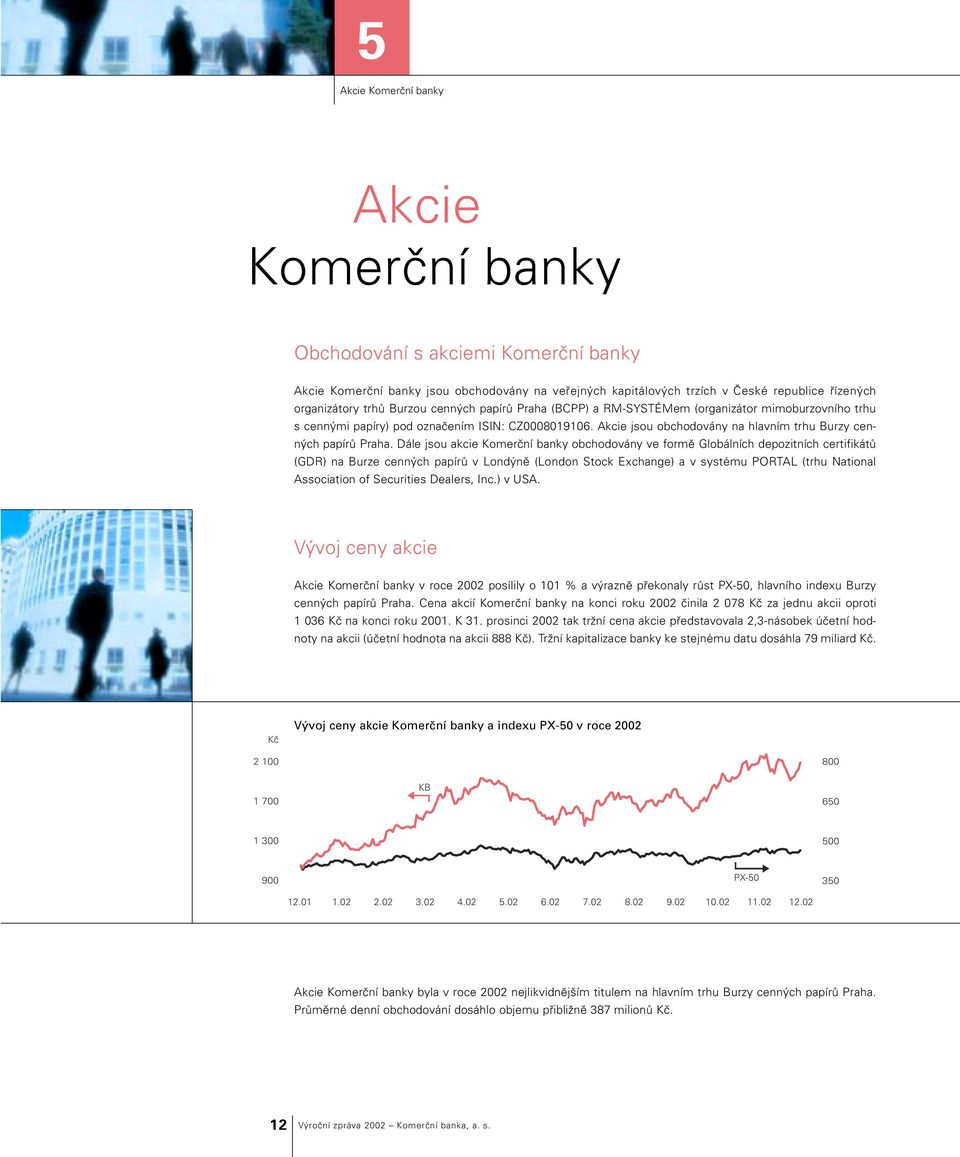 Dále jsou akcie Komerční banky obchodovány ve formě Globálních depozitních certifikátů (GDR) na Burze cenných papírů v Londýně (London Stock Exchange) a v systému PORTAL (trhu National Association of