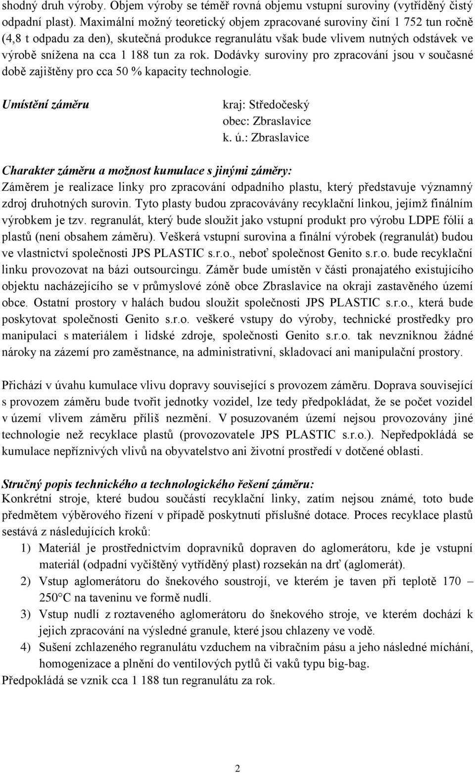 rok. Dodávky suroviny pro zpracování jsou v současné době zajištěny pro cca 50 % kapacity technologie. Umístění záměru kraj: Středočeský obec: Zbraslavice k. ú.