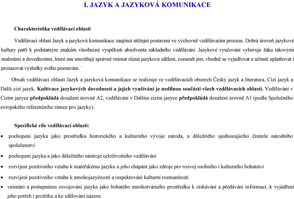 Jazykové vyučování vybavuje žáka takovými znalostmi a dovednostmi, které mu umožňují správně vnímat různá jazyková sdělení, rozumět jim, vhodně se vyjadřovat a účinně uplatňovat i prosazovat výsledky