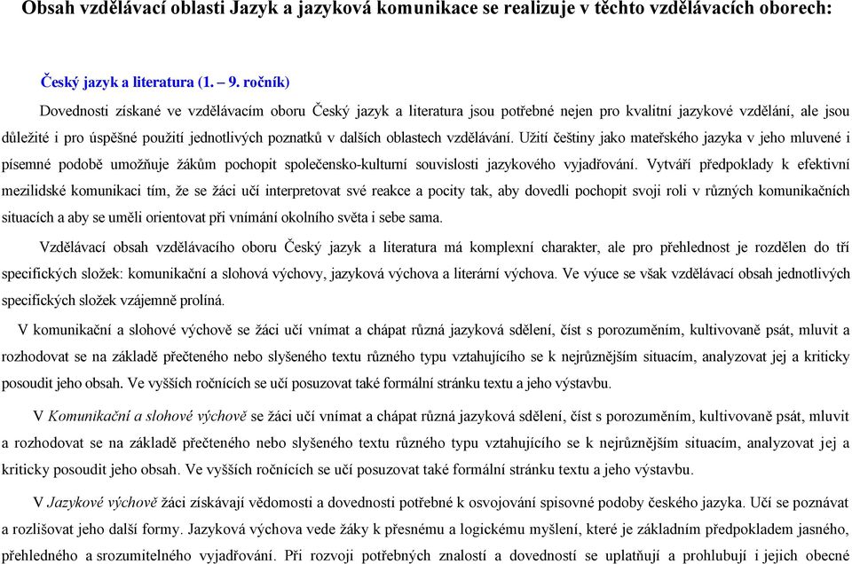 oblastech vzdělávání. Užití češtiny jako mateřského jazyka v jeho mluvené i písemné podobě umožňuje žákům pochopit společensko-kulturní souvislosti jazykového vyjadřování.