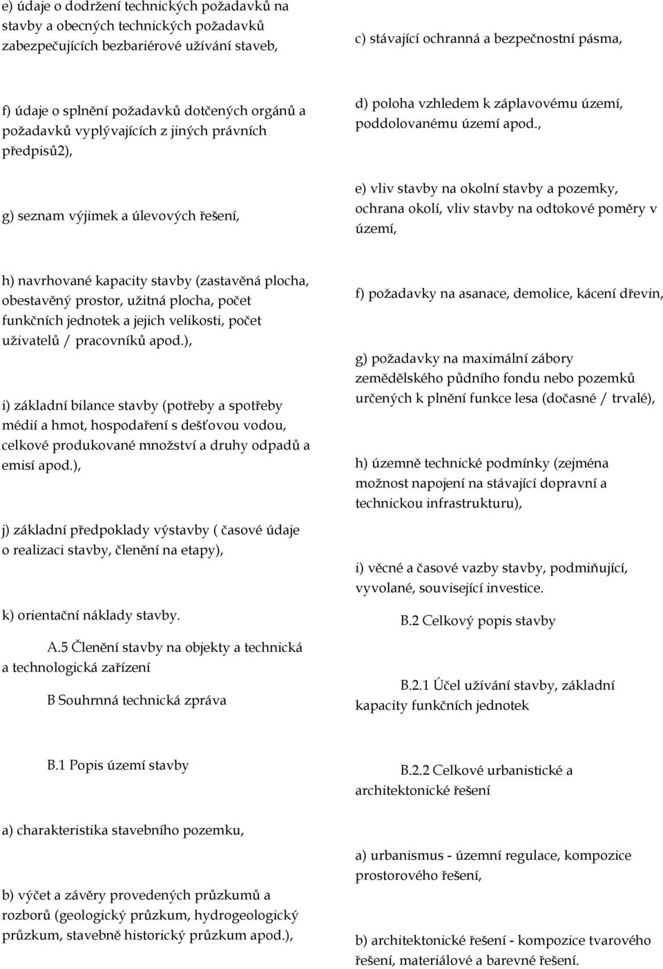 , e) vliv stavby na okolní stavby a pozemky, ochrana okolí, vliv stavby na odtokové poměry v území, h) navrhované kapacity stavby (zastavěná plocha, obestavěný prostor, užitná plocha, počet funkčních