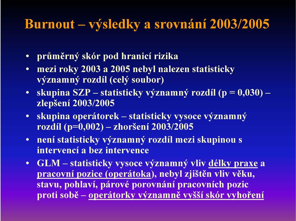 zhoršení 2003/2005 není statisticky významný rozdíl mezi skupinou s intervencí a bez intervence GLM statisticky vysoce významný vliv délky praxe a